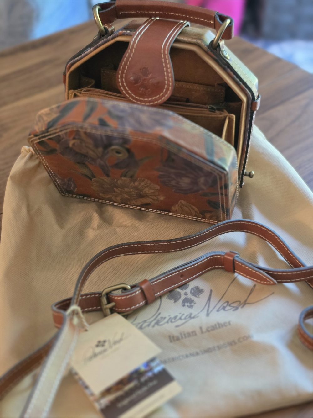 Patricia Nash Leather Floral Mini Top-Handle Bag in Brown and Purple - Picture 3 of 7